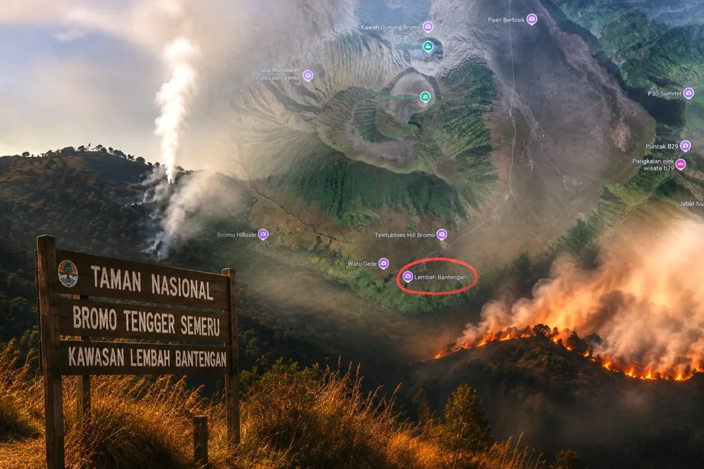 Tiga Pintu Masuk Bromo Ditutup, Kebakaran Hutan Belum Sepenuhnya Padam. Foto: Kebakaran hutan di kawasan TNBTS sejak Senin sore hingga Selasa (4/8/2026) belum padam. 