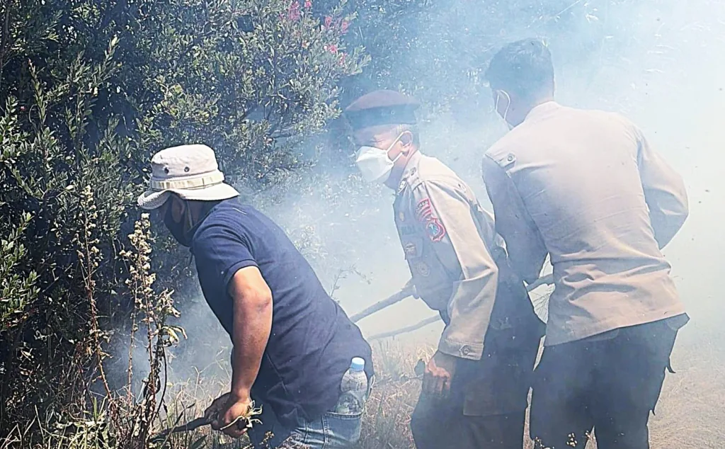 Karhutla Bromo Api Mengarah ke Ngadisari, Polres Probolinggo Gerak Cepat Padamkan Api di Blok Seruni